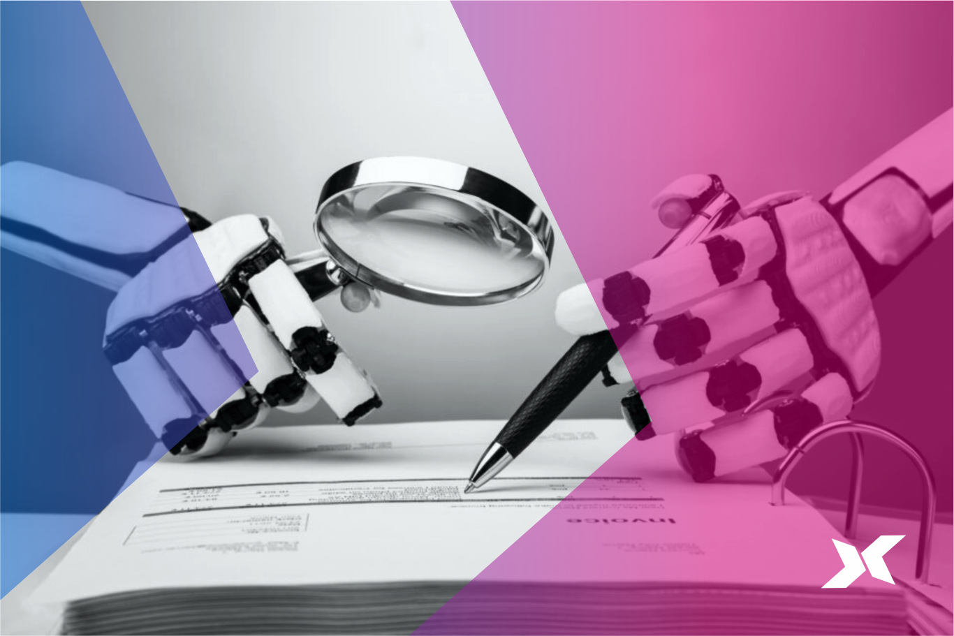 An AI robot inspecting a legal contract.